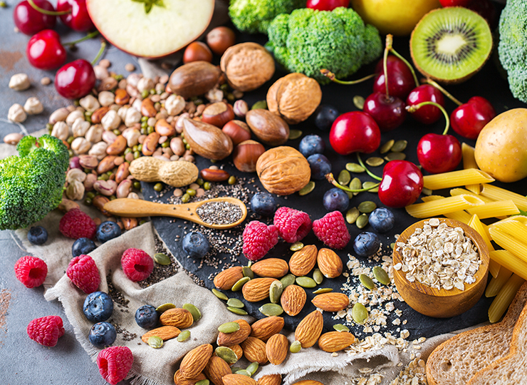 fresh nuts and fruits and pasta