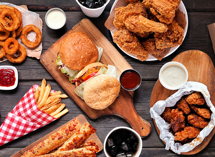 burger, fries and wings