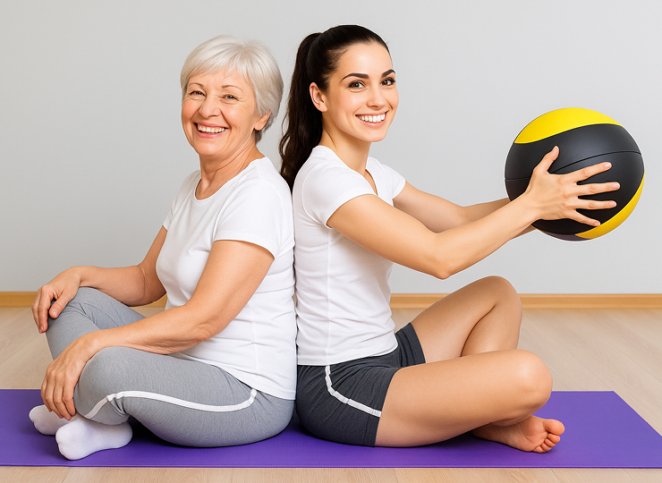 mom and daughter doing medicine ball twists