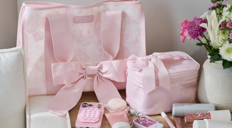 pink tote, makeup bag, phone case, and skin care