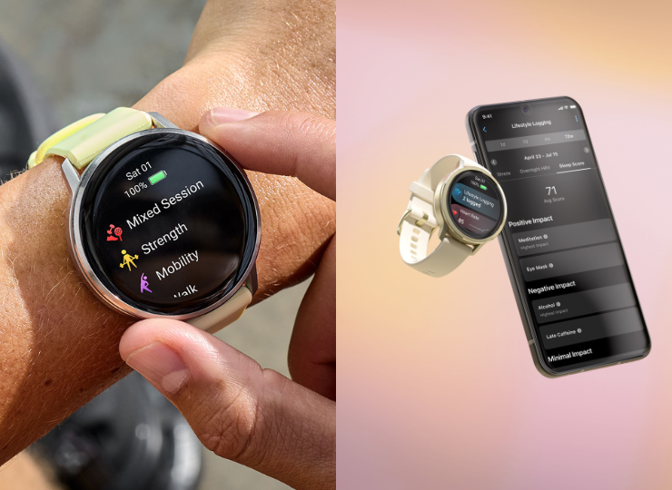 A split image shows a fitness smartwatch and companion app: on the left, a person taps a round watch displaying workout options like strength and mobility; on the right, the same watch appears next to a smartphone screen showing health and lifestyle tracking metrics.